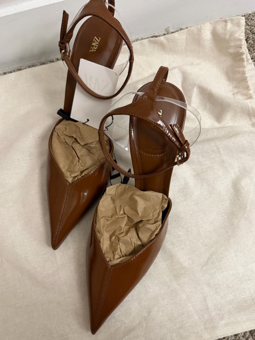 ZARA Cognac Pointed Patent Leather Ankle-Strap Heels